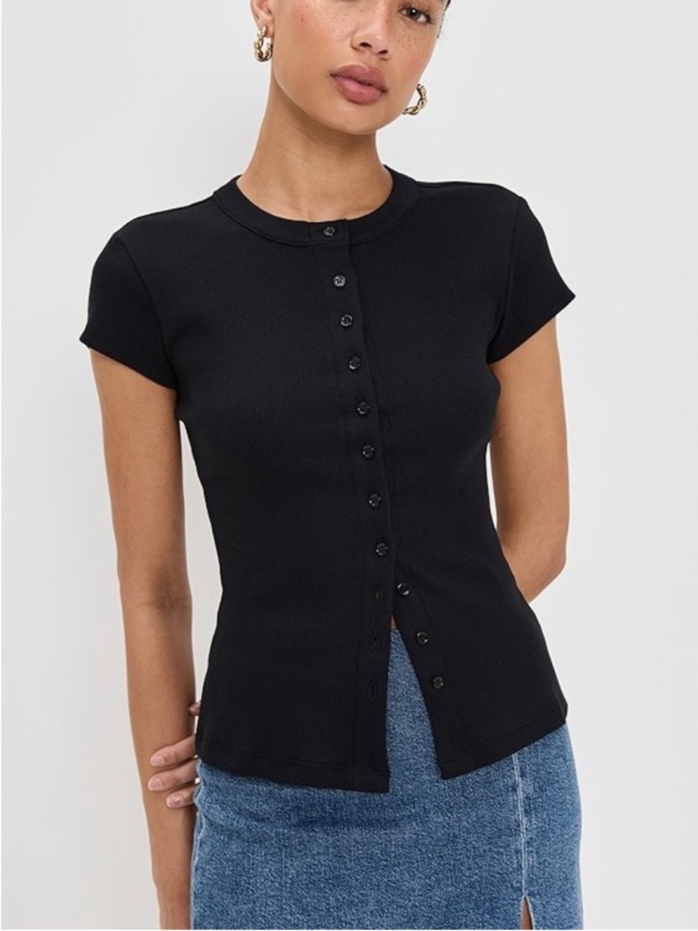 Reformation Raelynn Black Ribbed Knit Button-Front Short Sleeve Top (Size Small)